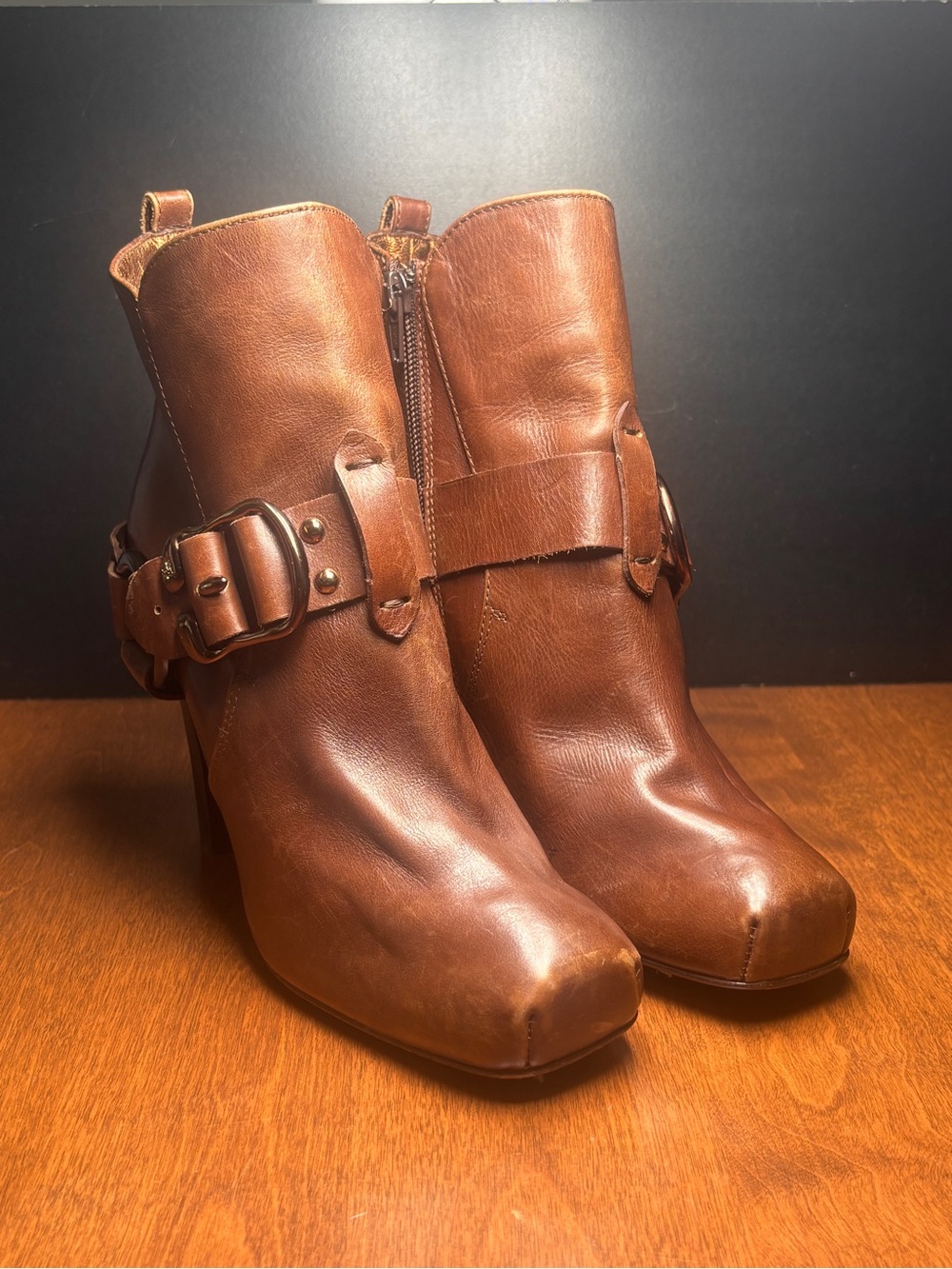 Women's Brown Leather Buckle Strap Ankle Booties